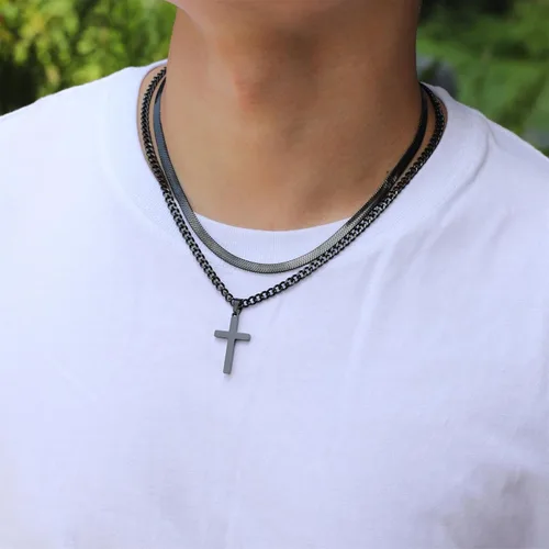 Miniatura 3 de Zocomi Collar de cruz para hombres y niños, de acero inoxidable en capas, cadena de espiga cubana, colgante de cruz religiosa, joyería de moda