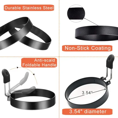 Miniatura 5 de COTEY Juego de 2 anillos de huevo de 3.5 pulgadas con mango de silicona, anillo grande para freír huevos, molde redondo para magdalenas inglesas