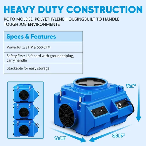 Miniatura 6 de Depurador de aire con filtración de 3 etapas, máquina de aire negativo apilable de 550 CFM para uso industrial y comercial, limpiador de aire Azul