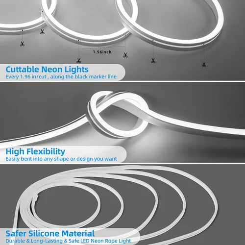Miniatura 7 de Luz de Cuerda LED de Neón, 32.8 pies, color blanco frío, regulable, tiras de luces LED, tiras de luces de neón de silicona flexible impermeable DIY