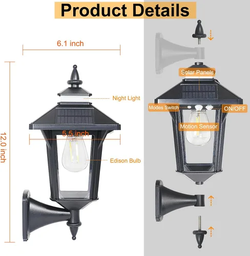 Miniatura 5 de Linterna de Pared Solar con 3 Modos, Luz de Pared Solar con Sensor de Movimiento Impermeable, Luces LED de Porche Delantero del Anochecer al