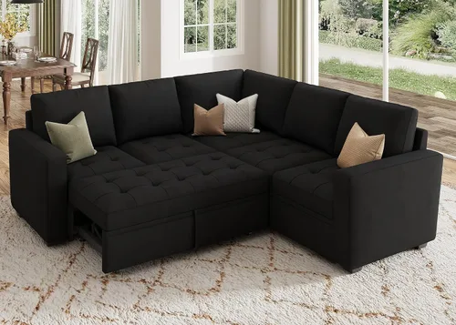 Miniatura 21 de HONBAY Sofá cama modular modular con cama extraíble, sofá en forma de L con asiento de almacenamiento, sofás seccionales para sala de estar, beige