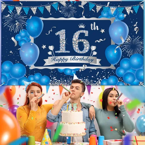Miniatura 6 de Decoraciones de feliz cumpleaños número 16, pancarta azul y plateada y suministros de fiesta para uso en exteriores e interiores, 72.8 x 43.3