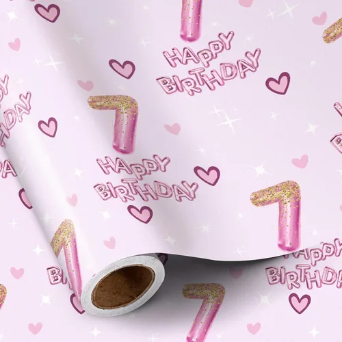 Miniatura 16 de RUSPEPA Papel de regalo de cumpleaños número 15 para niña, corazones y globos rosas del número 15, diseño de feliz cumpleaños, 15 años, mini rollo