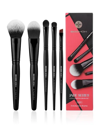 EIGSHOW Juego de 5 brochas de maquillaje diario para base, polvo y delineador de ojos, vegano y libre de crueldad, kit de brochas de maquillaje Negro