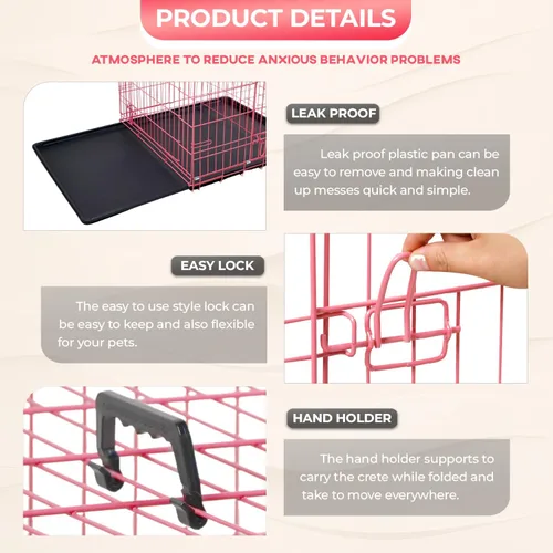 Miniatura 6 de FDW Jaula para perros pequeños de 24 pulgadas plegable de metal con alambre para mascotas, doble puerta con panel divisor para interiores y Rosa