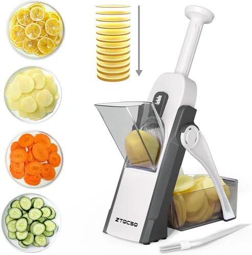Miniatura 12 de Cortadora de mandolina segura para cocina, preparación de comidas, rebanadora de papas, ajustable/fácil de limpiar/almacenar, artefacto de corte