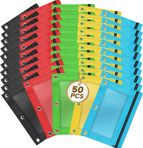 Estuche para lápices para carpeta de 3 anillos, 50 piezas a granel con 3 agujeros con cremallera en 5 colores surtidos, estuche transparente y
