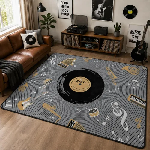 Miniatura 8 de Juego de batería de área musical, alfombra negra vintage, alfombras de música antideslizantes, tapetes suaves para sala de estar, dormitorio