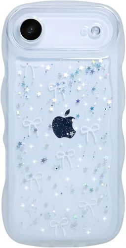 Miniatura 134 de Qokey Funda para iPhone 12 Pro Max de 6.7 pulgadas, diseño de onda rizada, borde transparente, brillante con purpurina, estrella brillante, bonita