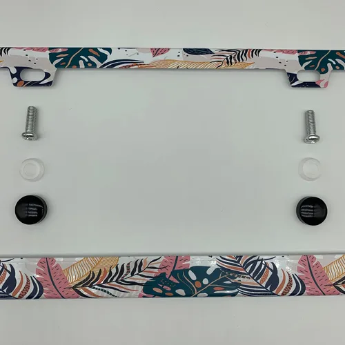 Miniatura 3 de Marco de placa de matrícula con hojas de palma, color rosa y azul, estilo bohemio, con temática hawaiana tropical, de acero inoxidable