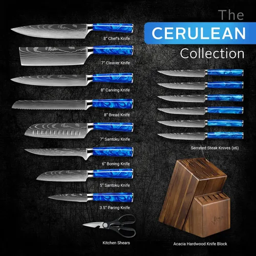 Miniatura 2 de SENKEN - Juego de 16 cuchillos de acero inoxidable japonés de alto carbono con patrón de damasco, asas de resina azul, 6 cuchillos para carne