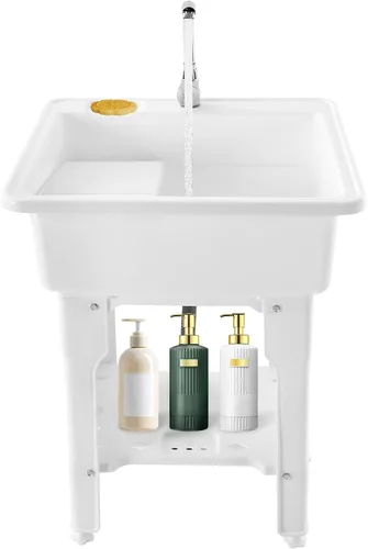 Fregadero de plástico blanco independiente con tabla de lavadero, fregadero para interiores y exteriores, bañera de lavandería con grifo, kit de