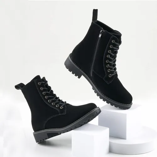 Miniatura 7 de JABASIC Botas de combate de cuero de gamuza para mujer, botas de tobillo con cordones y cremallera lateral