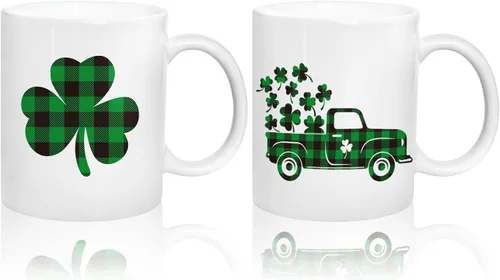 Whaline Juego de 2 tazas del Día de San Patricio de 12 onzas con diseño de trébol a cuadros de búfalo para café, tazas de cerámica irlandesa a