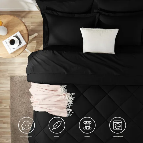 Miniatura 2 de CozyLux Juego de edredón tamaño King negro – Juego de cama de 7 piezas en una bolsa, juego de cama suave de lujo para todas las estaciones, juego