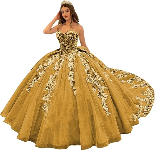 Mouccy Vestidos de quinceañera de encaje de lujo sin tirantes con cuentas hinchadas vestidos largos de baile con tren 3D floral dulce 16 vestidos