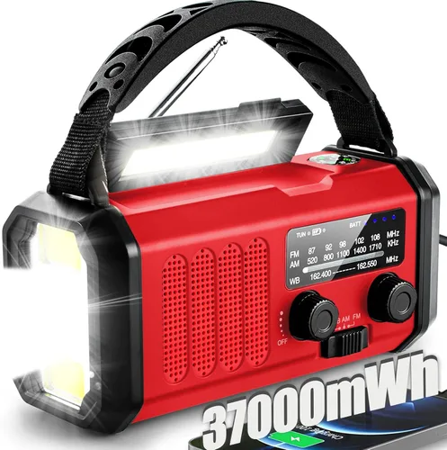 QAUYYW Radio de Emergencia Meteorológica, Radio de Manivela Portátil de 37000mWh NOAA/AM/FM, Luz de Lectura, Radio Solar, Linterna de Emergencia