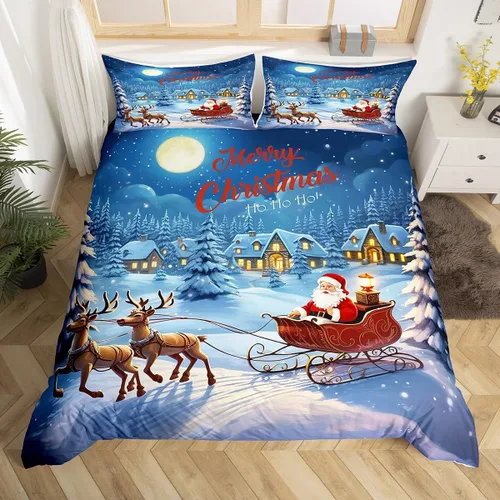 Miniatura 8 de Funda de edredón de Feliz Navidad para niños, jóvenes y adultos, juego de ropa de cama de Papá Noel de Navidad, diseño de copos de nieve, árbol