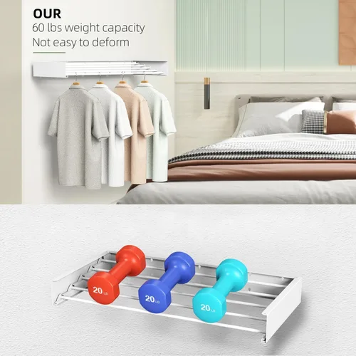 Miniatura 7 de Estante de secado de ropa plegable, para montar en la pared, estante de secado plegable, ahorro de espacio, 31.5 pulgadas de ancho, 13.2 pies