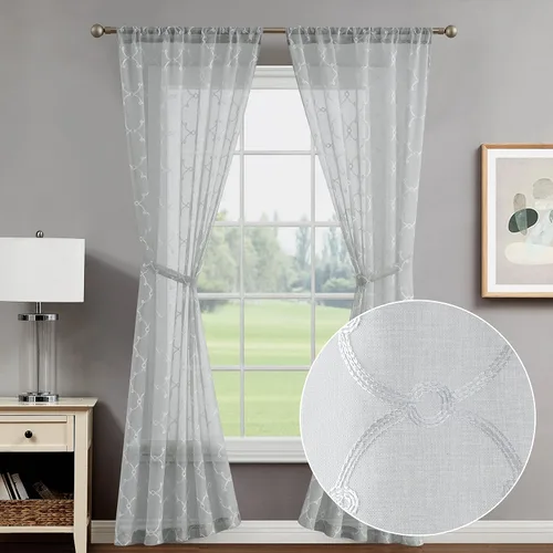 Miniatura 23 de Creative Home Ideas Cortinas transparentes (2 paneles, 38 x 63 pulgadas, azul), paneles de cortina geométricos bordados con alzapaños, cortinas