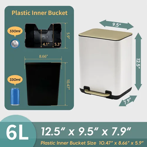 Miniatura 6 de SunnyPoint Cubo de basura pequeño de 6 litros (1.58 galones) con cubos interiores de plástico; baño rectangular, oficina, cocina y dormitorio, paso