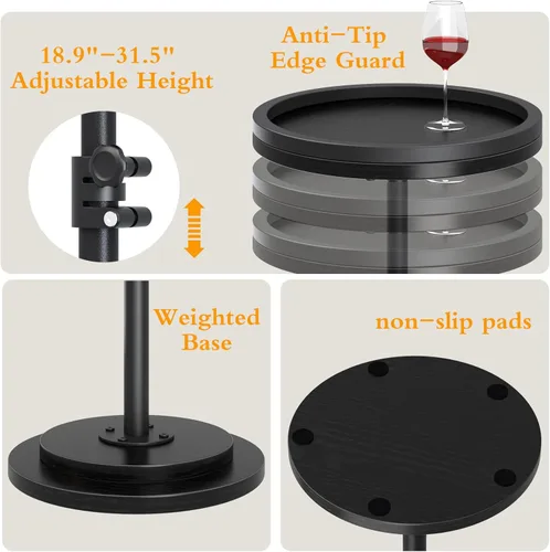 Miniatura 5 de Mesa auxiliar pequeña, mesa de bebidas, mesa auxiliar redonda ajustable en altura, mesa auxiliar de pedestal para espacios pequeños en sala