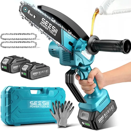 Miniatura 9 de Seesii Mini motosierra, mini motosierra de 6 pulgadas, inalámbrica, de mano, con 2 baterías, para cortar árboles, cortar madera, el mejor regalo Azul