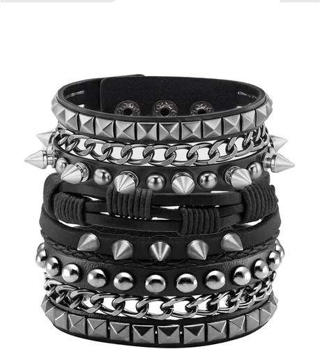 Miniatura 18 de Eigso Pulseras de cuero punk rock para hombres y mujeres, estilo retro, vintage, cadena de los años 80, para hombre y mujer