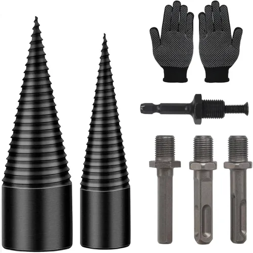 Broca divisora de madera 42mm + 32mm con guantes antideslizantes y 4 mangos de perforación, broca divisora de troncos divisora de leña para broca de