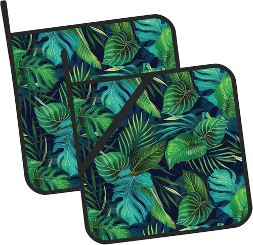 Juego de 2 soportes para ollas de hojas tropicales verdes, resistentes al calor, para microondas, hornear, horno, platos finales y barbacoa