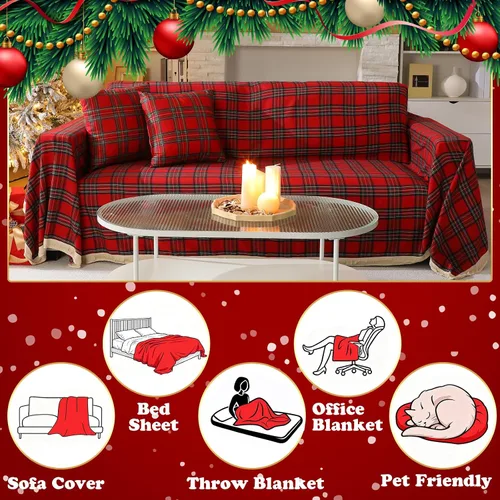 Miniatura 5 de Oudain Juego de fundas de sofá navideñas con 2 fundas de almohada de 71 x 134 pulgadas, fundas de sofá rojas a cuadros búfalos, funda de sofá de 3
