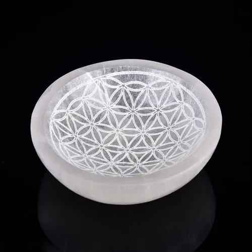 AMOYSTONE Cuenco redondo de carga de selenita para piedras de cristal, 4 pulgadas, patrón de grabado de flor de la vida, 1, decoración del hogar,