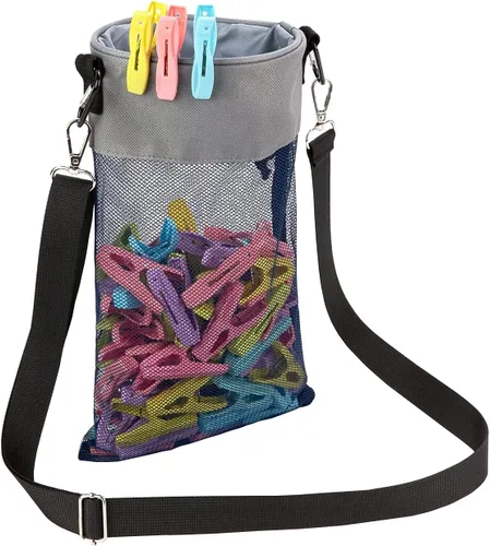 Bolsa de malla con ganchos para colgar ropa con cierre de cordón, soporte para pinzas para ropa, ventilación y resistencia a la humedad, organizador