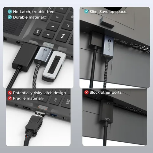 Miniatura 6 de WARRKY - Cable DisplayPort a HDMI 4K de 10 pies [Carcasa metálica, cable de nylon] Transmisión unidireccional DP 1.2 de computadora a pantalla HDMI