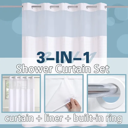 Miniatura 3 de Conbo Mio Cortina de ducha sin gancho con forro a presión, cortinas de baño de tela blanca de lujo para hotel con ventana superior transparente