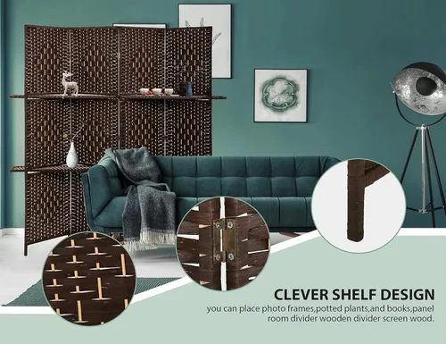 Miniatura 3 de Separadores de habitación de madera de 4 paneles con estantes, pantallas de privacidad plegables, pantalla de partición portátil, 6 pies de alto