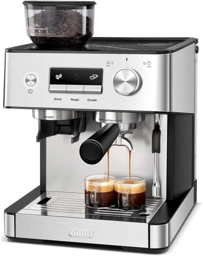 Gevi Máquina de café expreso de 20 barras con molinillo integrado y espumador de leche, cafetera profesional para el hogar, capuchino, café con