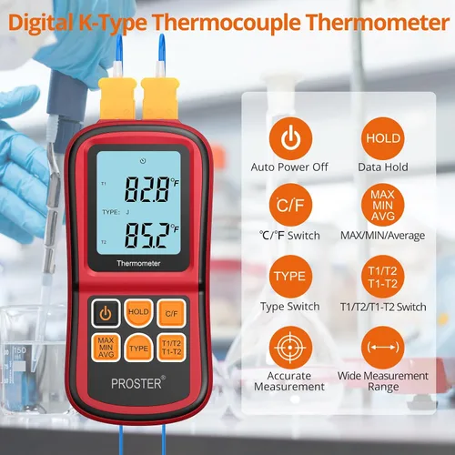 Miniatura 2 de Proster tester medidor de temperatura con retroiluminación LCD de dos canales con termómetro y termopar digital para clase K/J/T/E/R/S/N, con dos