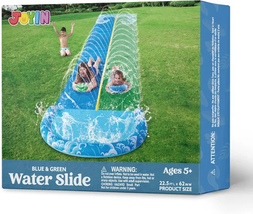 Miniatura 8 de JOYIN Tobogán acuático de 22.5 pies y 2 tablas inflables, tobogán acuático doble extra largo y resistente con aspersor para niños y adultos, juguete