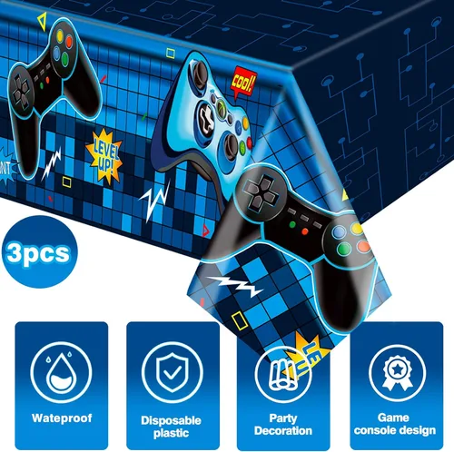 Miniatura 3 de Mantel rectangular de videojuegos, 3 piezas de plástico PE azul desechable, 54 x 108 pulgadas, para decoración de fiesta de cumpleaños de niños