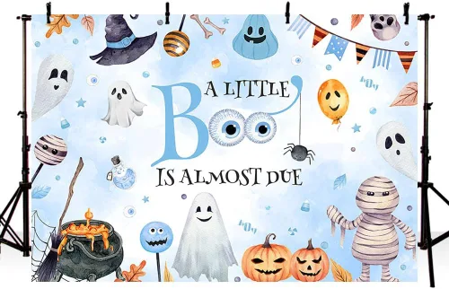 Miniatura 2 de MEHOFOND Telón de fondo de Halloween de 7 x 5 pies con texto en inglés "A Little Boo is Almost Due Pumpkin Photography Background Blue Watercolor
