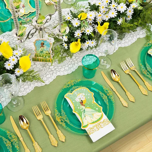 Miniatura 4 de Hioasis 350 platos de plástico verde y dorado, platos de fiesta verdes para 50 invitados, incluyen 100 platos resistentes