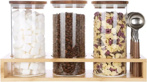 Miniatura 17 de KKC HOME ACCENTS Frascos herméticos de vidrio de borosilicato para almacenamiento de alimentos con tapas de madera y cuchara para café, té, azúcar