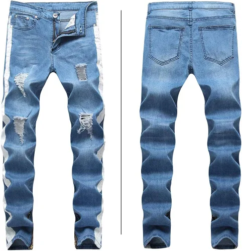 Miniatura 6 de HUNGSON Pantalones de mezclilla ajustados para hombre elásticos rasgados rasgados con rayas laterales Azul