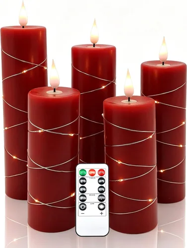 Kiexung - Vela sin llama roja con luz de cuerda de hadas, llama de gota de agua, simulación avanzada de llama LED con velas remotas y temporizadas,