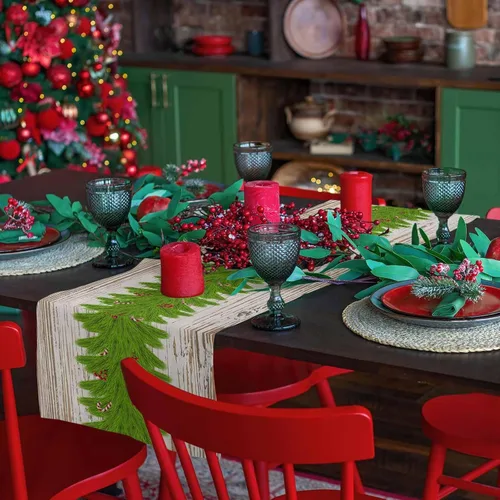 Miniatura 6 de Camino de mesa con guirnalda de Navidad, algodón y lino, para decoración de Navidad, bufanda larga de 48 pulgadas, para vacaciones, invierno