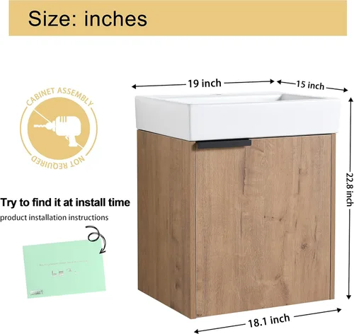 Miniatura 2 de Malwee Tocador de baño flotante de 18 pulgadas con lavabo, Tocador de baño de lavabo individual de 18 pulgadas montado en la pared, con 1 puerta