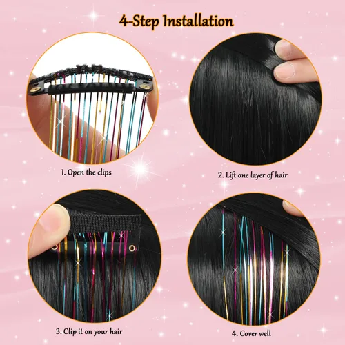 Miniatura 6 de Kit de oropel de cabello con clip, 23.6 pulgadas, oropel dorado resistente al calor, extensiones de cabello de hada con clip, accesorios