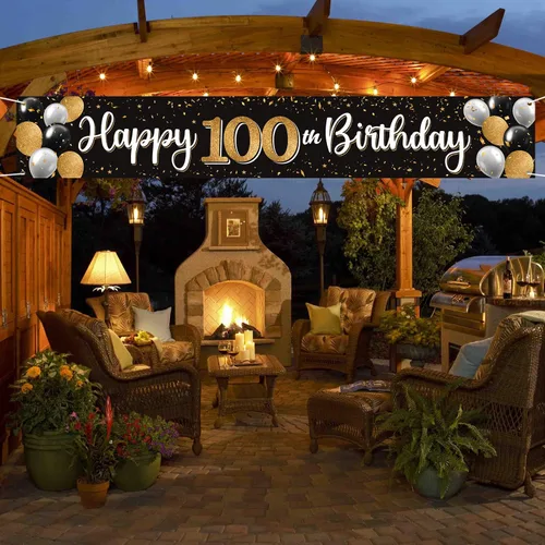 Miniatura 4 de Decoración de feliz cumpleaños número 100, globo negro y dorado número 100, cartel grande de telón de fondo de cumpleaños, decoración de fiesta